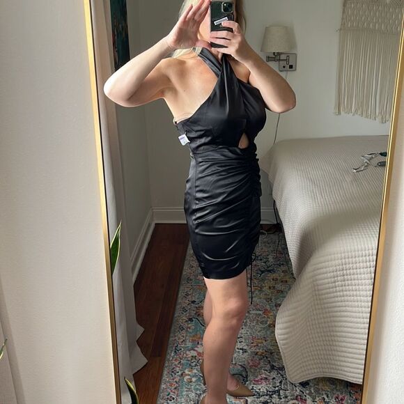 Bardot Dress Womens XL Black Minidress Halter Cross Over‎ Ruched - Picture 2 of 12